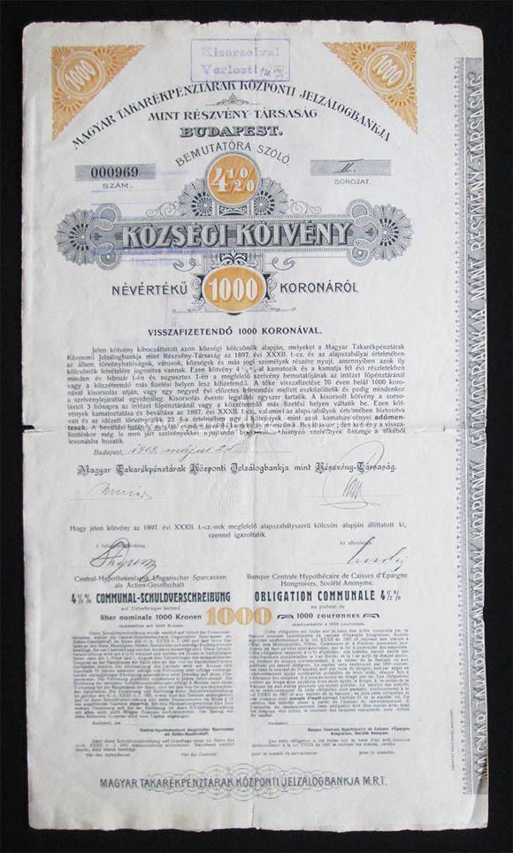 Magyar Takarékpénztárak Jelzálogbankja kötvény 1000k 1909